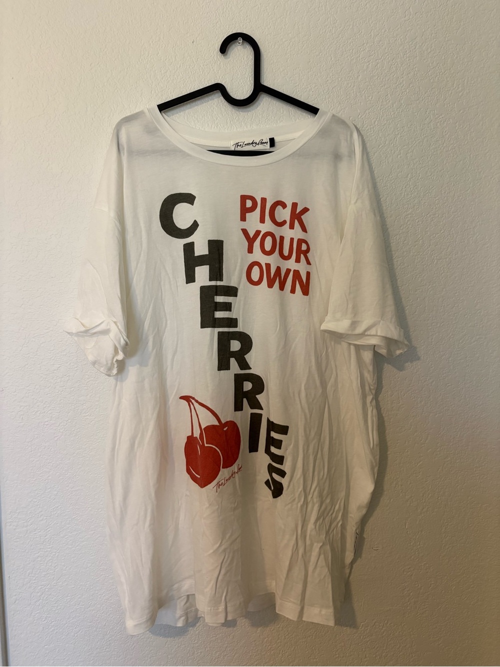 The Laundry Room White Tee with Red and Black Cherry Graphic